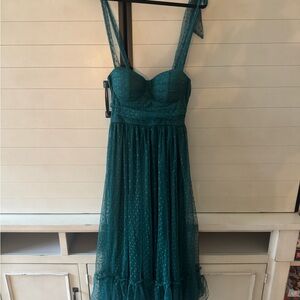 Teal Polka Dot Dress with Sheer Overlay